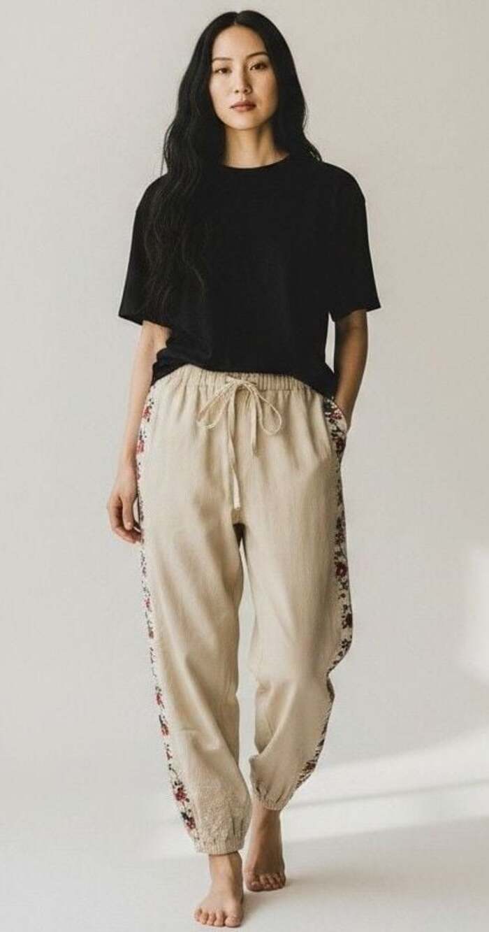 POL Embroidered Khaki Joggers With Lace Embellishments